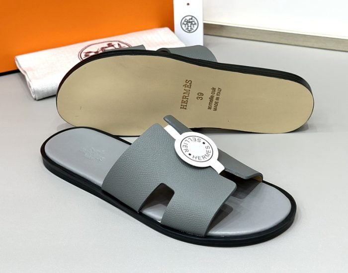 Dép nam Hermes Full xám da taiga Siêu Cấp