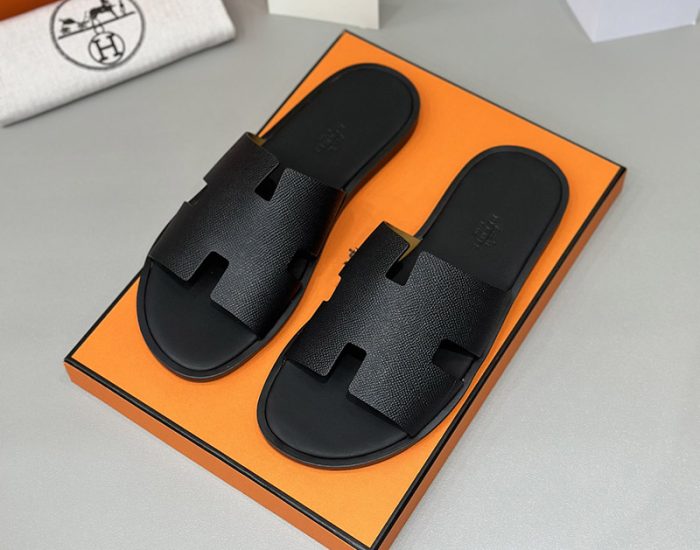 Dép nam Hermes Full đen da taiga đế gỗ Like Auth