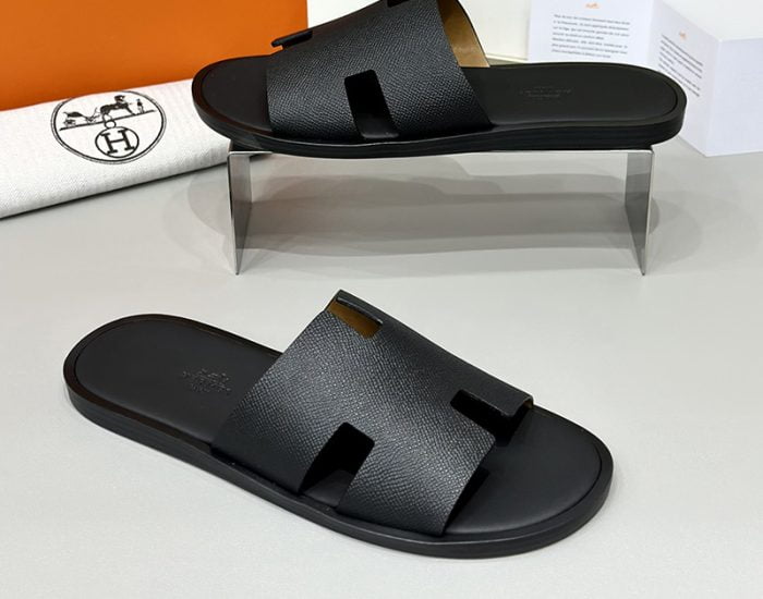 Dép nam Hermes Full đen da taiga đế gỗ Like Auth