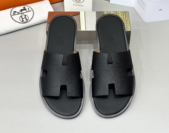 Dép nam Hermes Full đen da taiga đế gỗ Like Auth