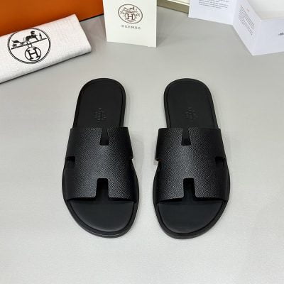 Dép nam Hermes Full đen da taiga đế gỗ Like Auth