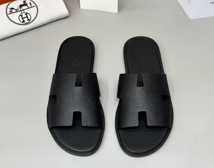 Dép nam Hermes Full đen da taiga đế gỗ Like Auth