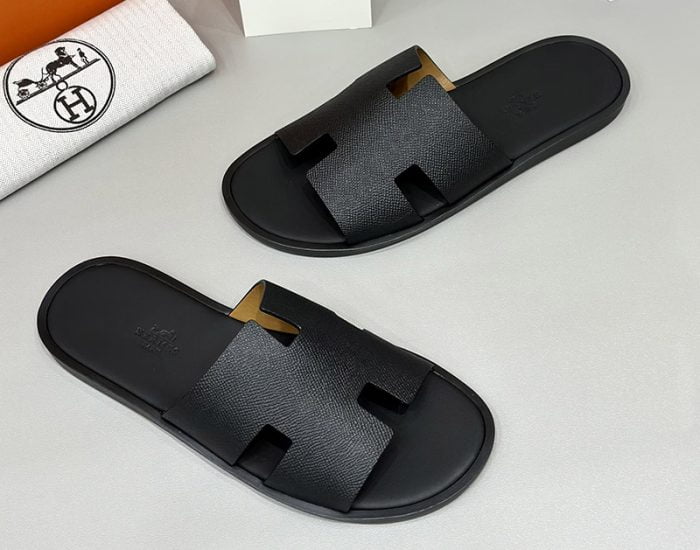 Dép nam Hermes Full đen da taiga đế gỗ Like Auth