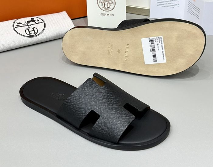 Dép nam Hermes Full đen da taiga đế gỗ Like Auth