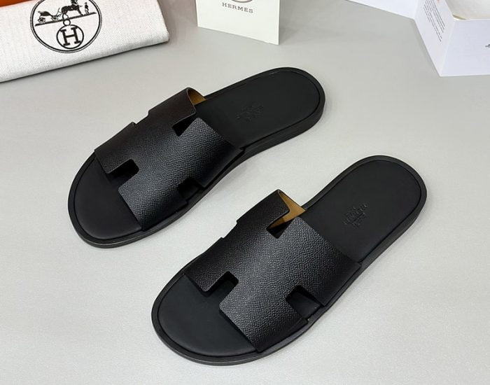 Dép nam Hermes Full đen da taiga đế gỗ Like Auth