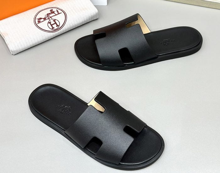 Dép nam Hermes Full đen da taiga Siêu Cấp