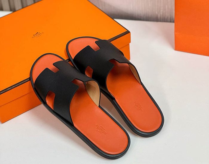 Dép nam Hermes lót cam quai đen da taiga Like Auth