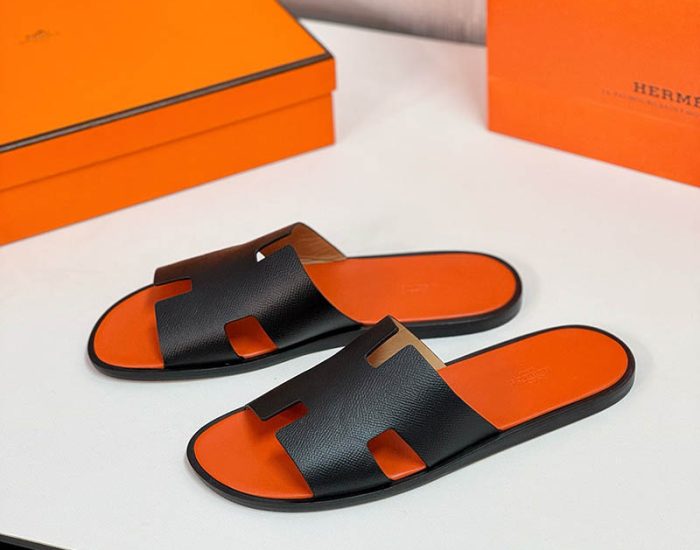 Dép nam Hermes lót cam quai đen da taiga Like Auth
