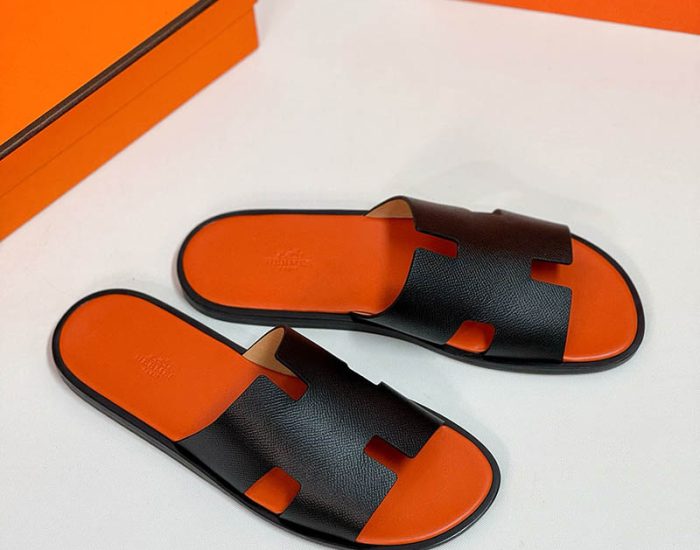 Dép nam Hermes lót cam quai đen da taiga Like Auth
