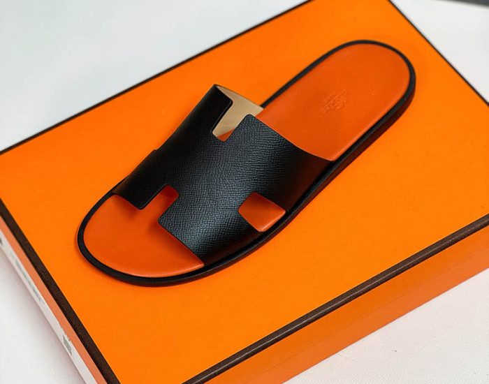 Dép nam Hermes lót cam quai đen da taiga Like Auth