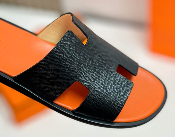 Dép nam Hermes lót cam quai đen da taiga Like Auth