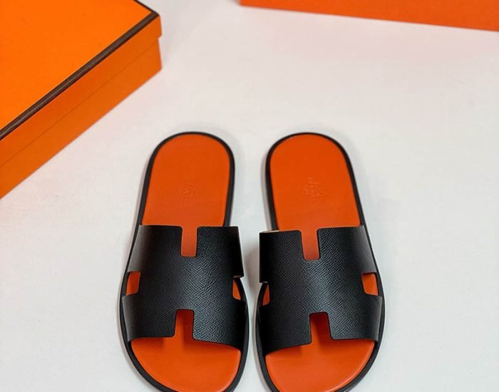 Dép nam Hermes lót cam quai đen da taiga Like Auth