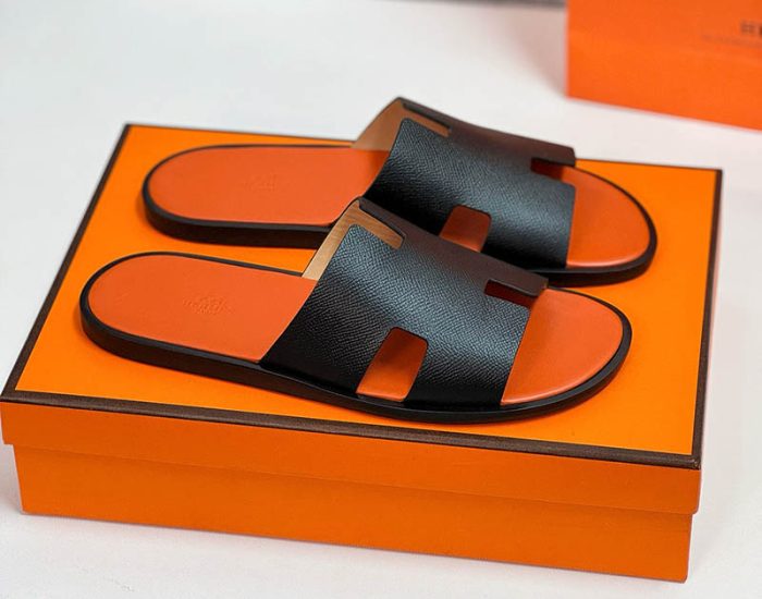 Dép nam Hermes lót cam quai đen da taiga Like Auth