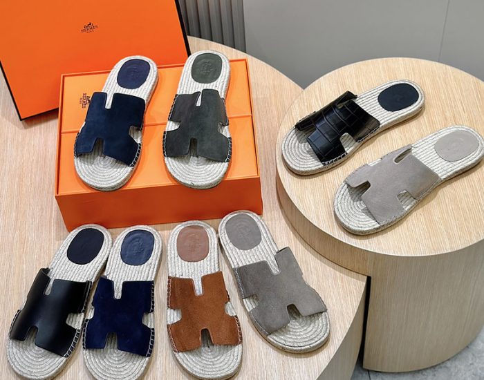 Dép nam Hermes lót cói da lì màu đen Like Auth