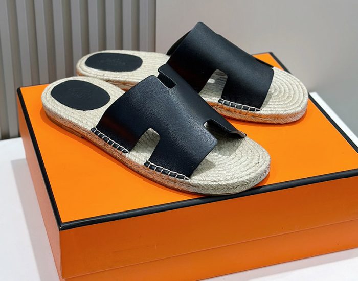 Dép nam Hermes lót cói da lì màu đen Like Auth