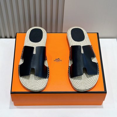 Dép nam Hermes lót cói da lì màu đen Like Auth