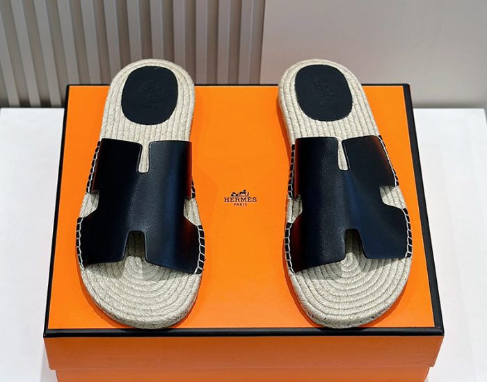 Dép nam Hermes lót cói da lì màu đen Like Auth