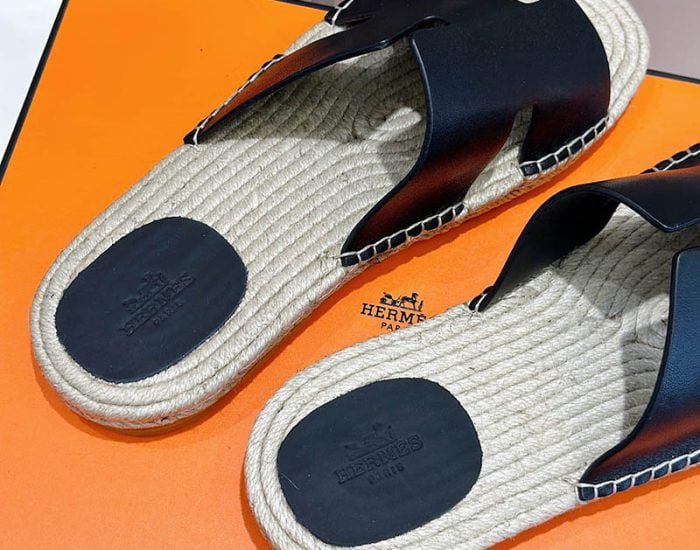 Dép nam Hermes lót cói da lì màu đen Like Auth