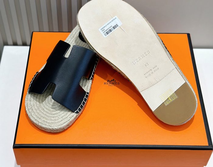 Dép nam Hermes lót cói da lì màu đen Like Auth