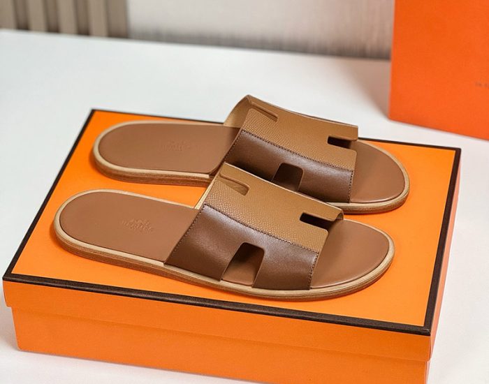 Dép nam Hermes quai màu nâu phối da taiga Like Auth