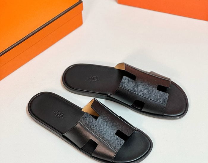 Dép nam Hermes quai đen phối da taiga Like Auth