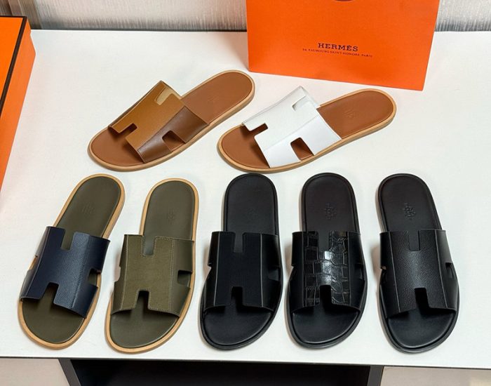 Dép nam Hermes quai đen phối da taiga Like Auth