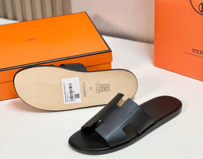 Dép nam Hermes quai đen phối da taiga Like Auth