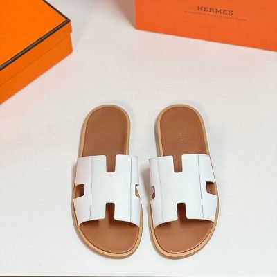 Dép nam Hermes quai trắng phối taiga lót nâu Like Auth