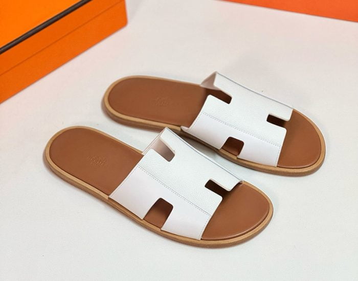 Dép nam Hermes quai trắng phối taiga lót nâu Like Auth