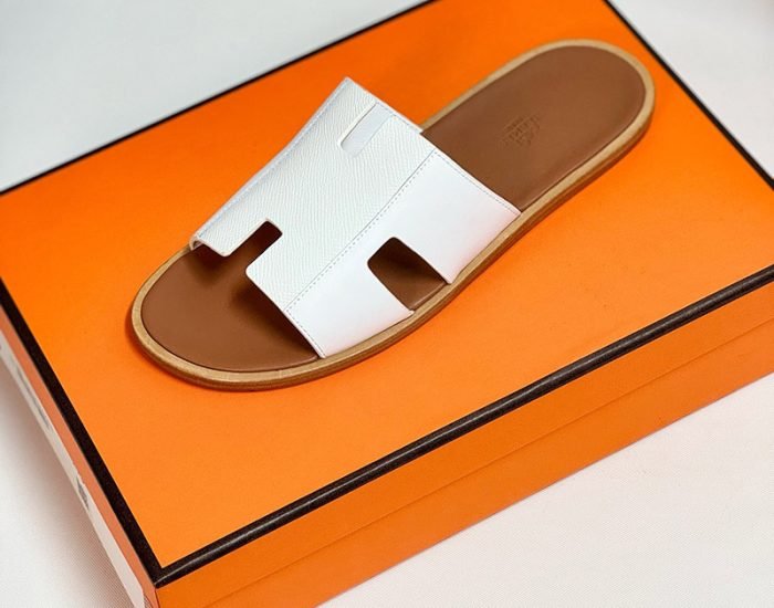 Dép nam Hermes quai trắng phối taiga lót nâu Like Auth