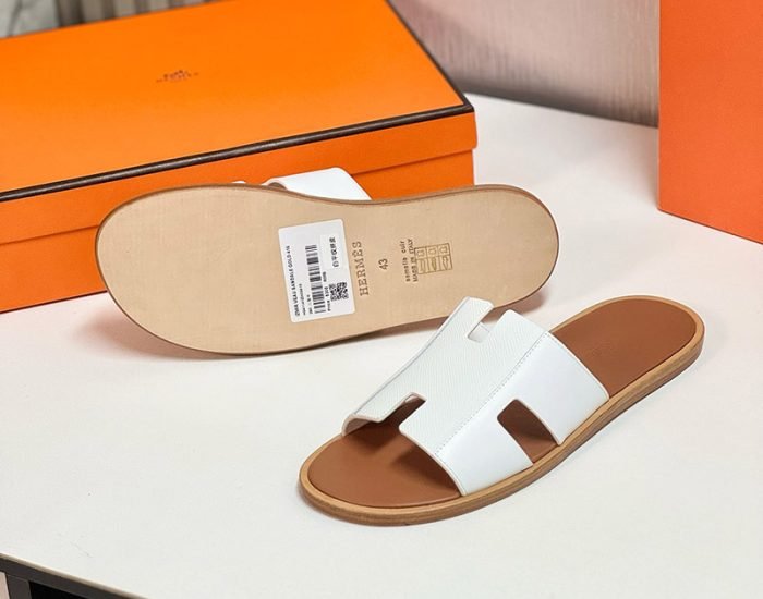 Dép nam Hermes quai trắng phối taiga lót nâu Like Auth