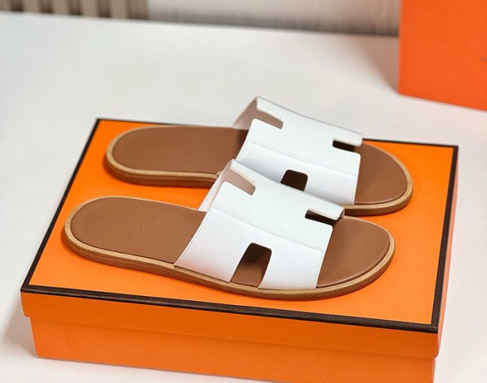 Dép nam Hermes quai trắng phối taiga lót nâu Like Auth