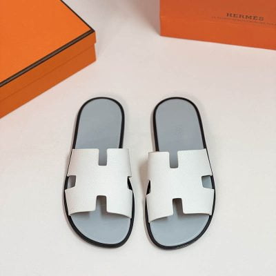 Dép nam Hermes quai trắng taiga lót xám Like Auth