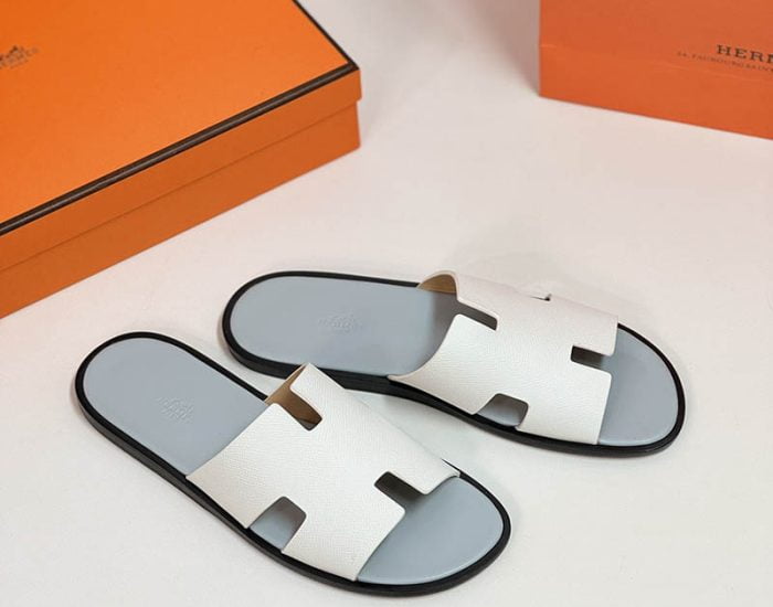 Dép nam Hermes quai trắng taiga lót xám Like Auth