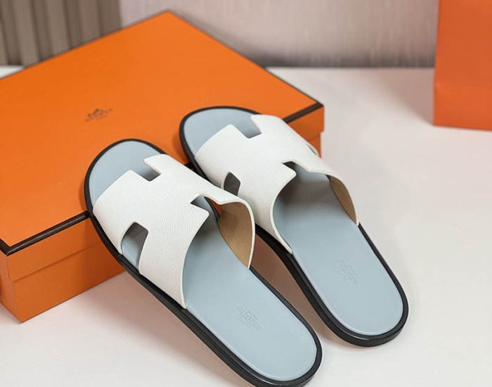 Dép nam Hermes quai trắng taiga lót xám Like Auth