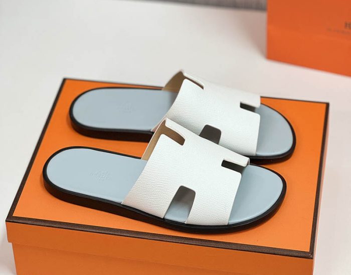 Dép nam Hermes quai trắng taiga lót xám Like Auth