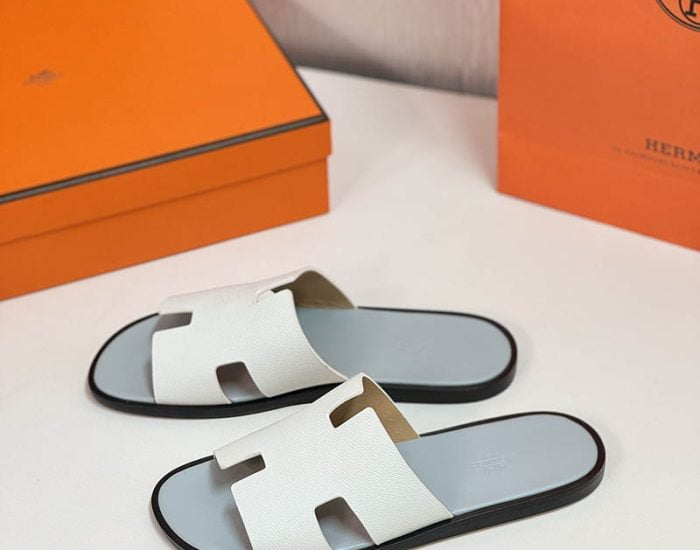 Dép nam Hermes quai trắng taiga lót xám Like Auth