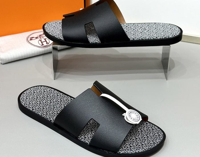 Dép nam Hermes lót monogram quai đen Siêu Cấp