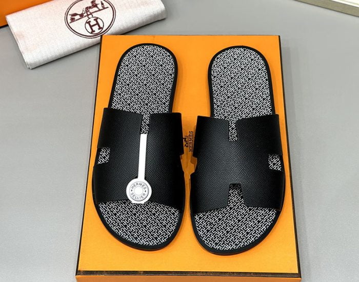 Dép nam Hermes lót monogram quai đen Siêu Cấp