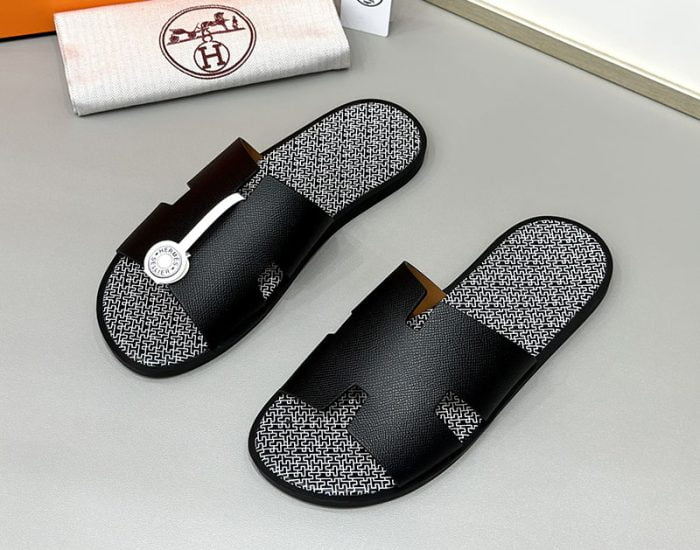 Dép nam Hermes lót monogram quai đen Siêu Cấp