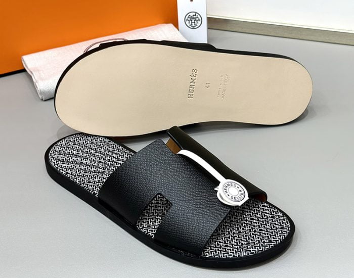 Dép nam Hermes lót monogram quai đen Siêu Cấp