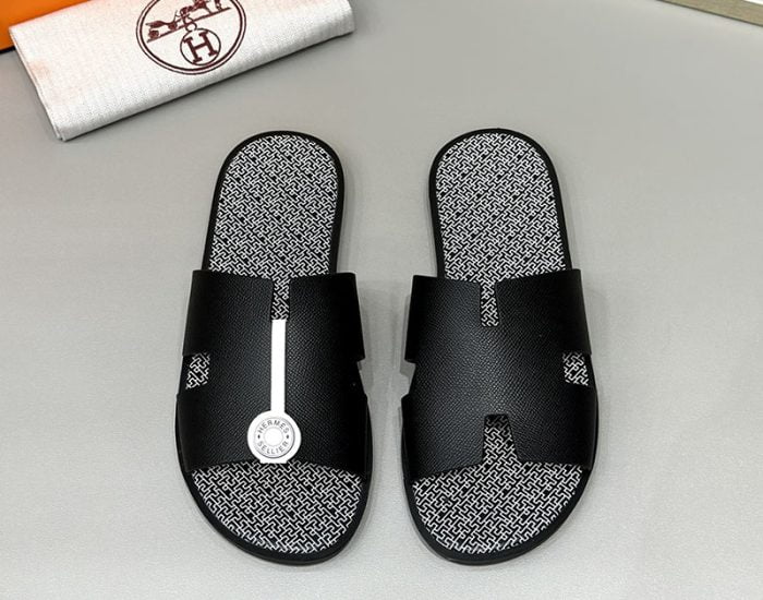 Dép nam Hermes lót monogram quai đen Siêu Cấp