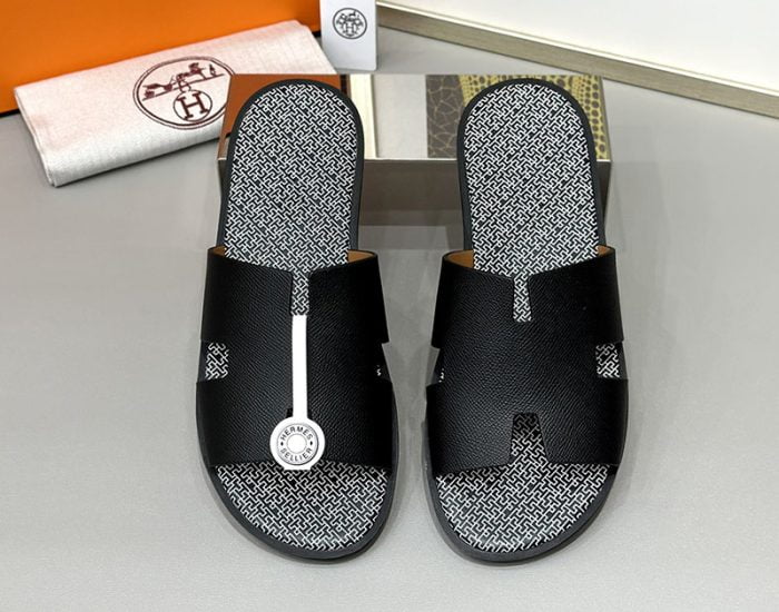 Dép nam Hermes lót monogram quai đen Siêu Cấp