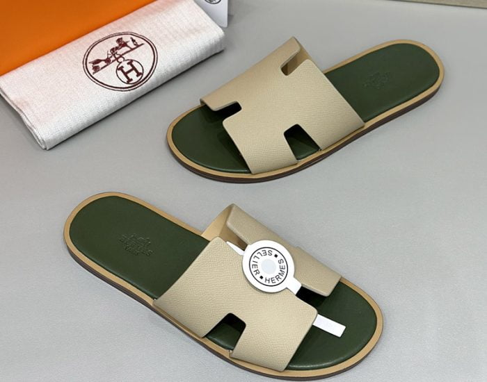 Dép nam Hermes lót xanh rêu quai màu bee Siêu Cấp