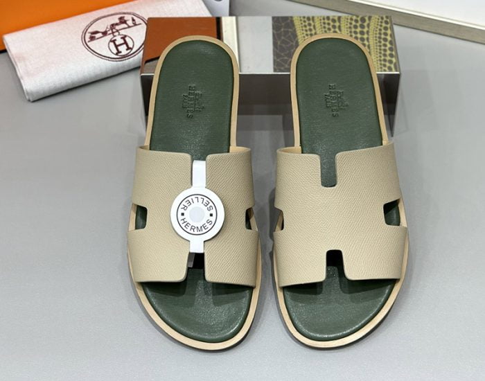Dép nam Hermes lót xanh rêu quai màu bee Siêu Cấp