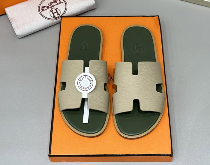 Dép nam Hermes lót xanh rêu quai màu bee Siêu Cấp