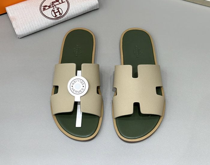 Dép nam Hermes lót xanh rêu quai màu bee Siêu Cấp