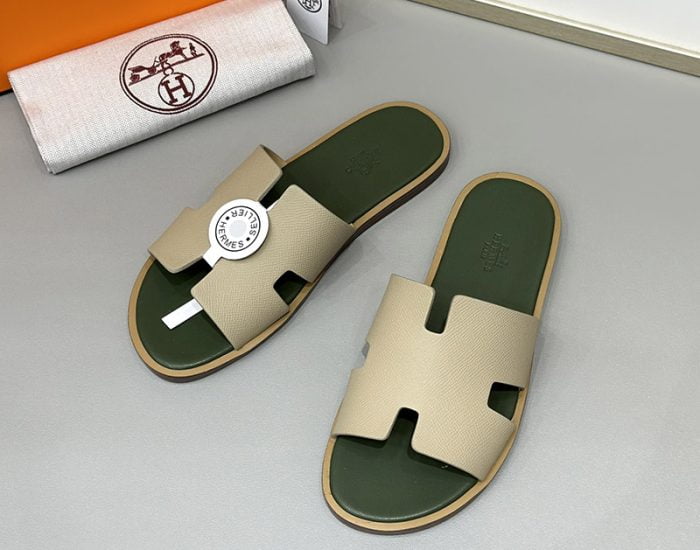 Dép nam Hermes lót xanh rêu quai màu bee Siêu Cấp
