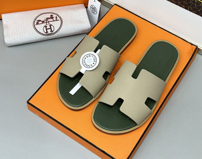 Dép nam Hermes lót xanh rêu quai màu bee Siêu Cấp
