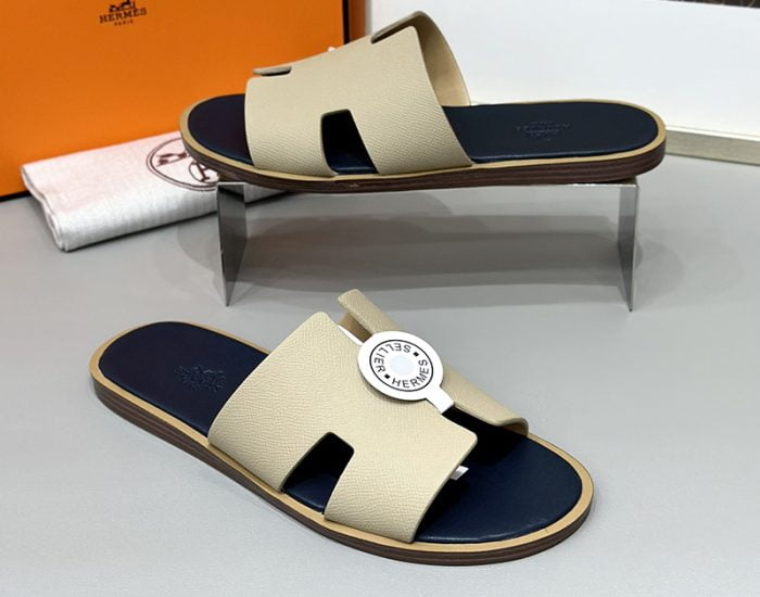 Dép nam Hermes màu be lót xanh Siêu Cấp